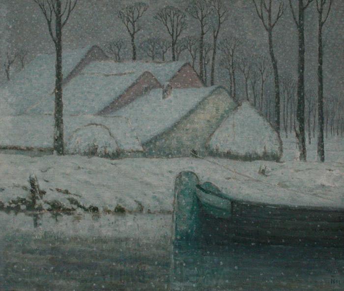 William Degouwe de Nuncques Snowy landscape with barge France oil painting art